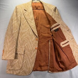 True Vintage 70s Blazer Mens 40R Brown Two Button Lined Geometric Jacket Party